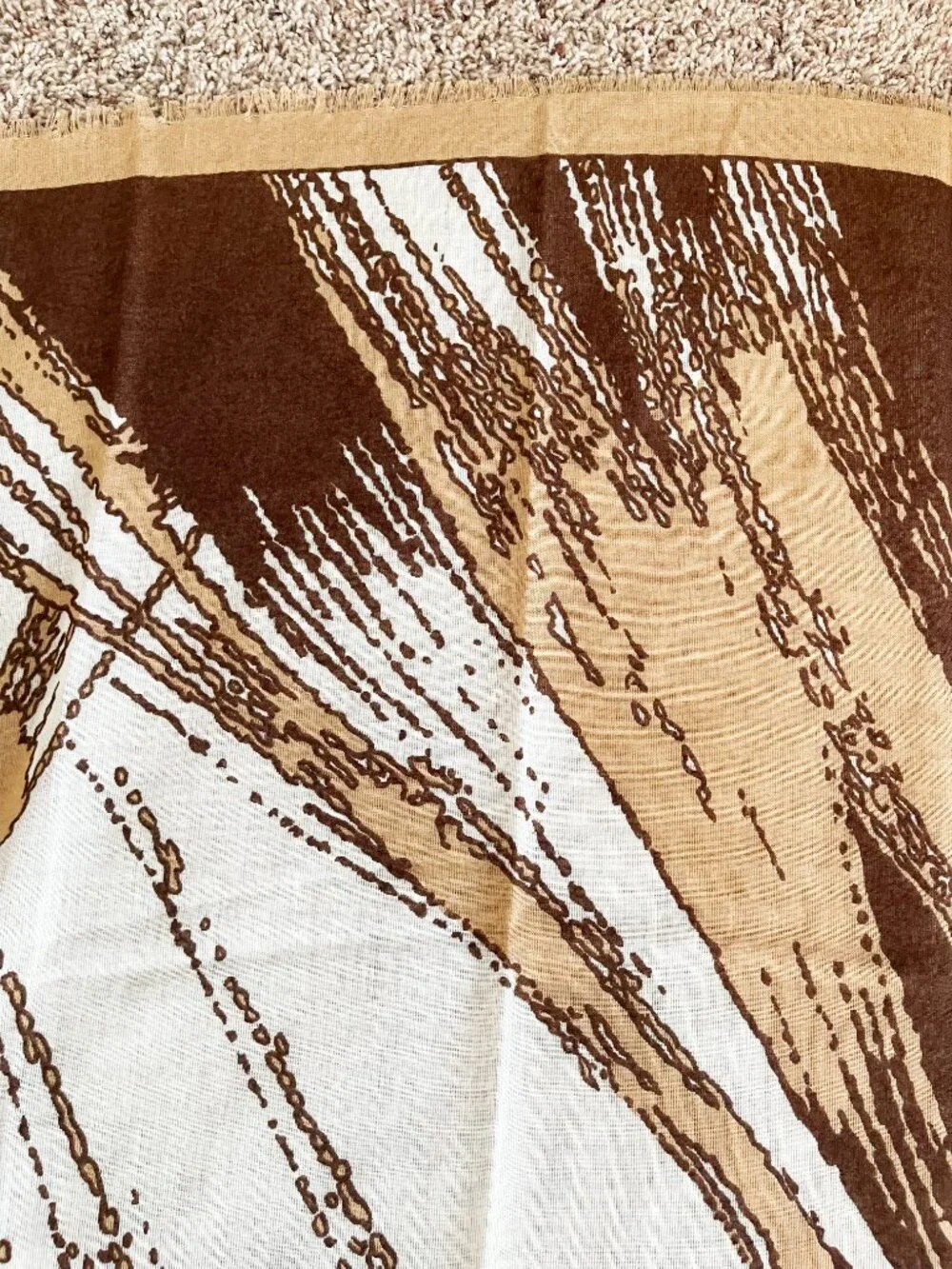 Abstract Brown Tan Cream Square Scarf Raw Fringe Lightweight Boho Wrap